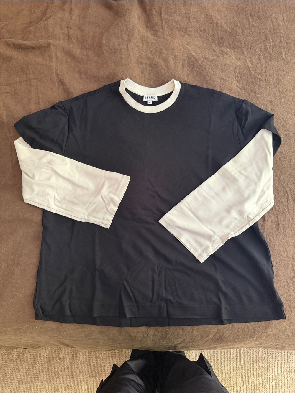 STAUD Black Long-Sleeve Tee with Cream Layered Sleeves